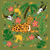 Graphic illustration with ornament and symbol. Flexible and beautiful leopard, birds of paradise and green jungle. Illustration for cards, t-shirts, covers for notebooks