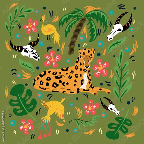 Graphic illustration with ornament and symbol. Flexible and beautiful leopard, birds of paradise and green jungle. Illustration for cards, t-shirts, covers for notebooks
