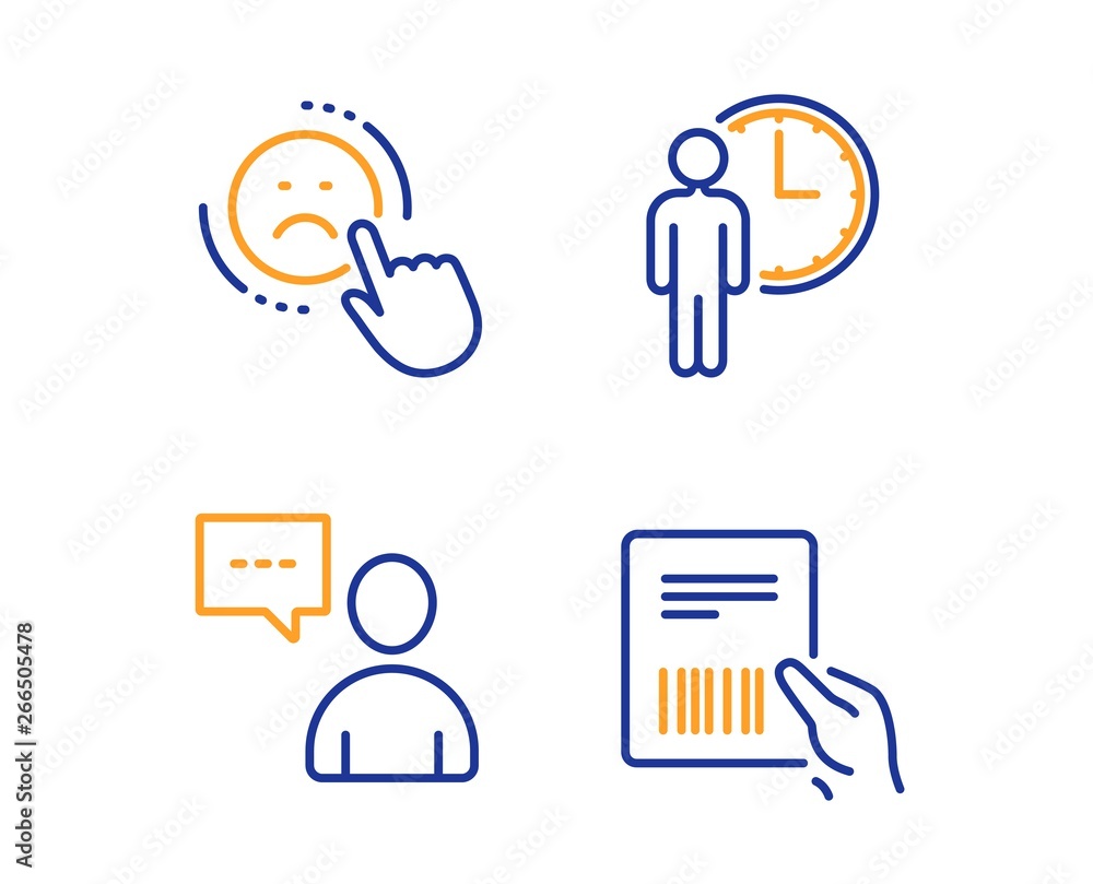 Users chat, Dislike and Waiting icons simple set. Parcel invoice sign. Communication concept, Negative feedback, Service time. Delivery document. Linear users chat icon. Colorful design set. Vector Users chat, Dislike and Waiting icons simple set. Parcel invoice sign. Communication concept, Negative feedback, Service time. Delivery document. Linear users chat icon. Colorful design set. Vector