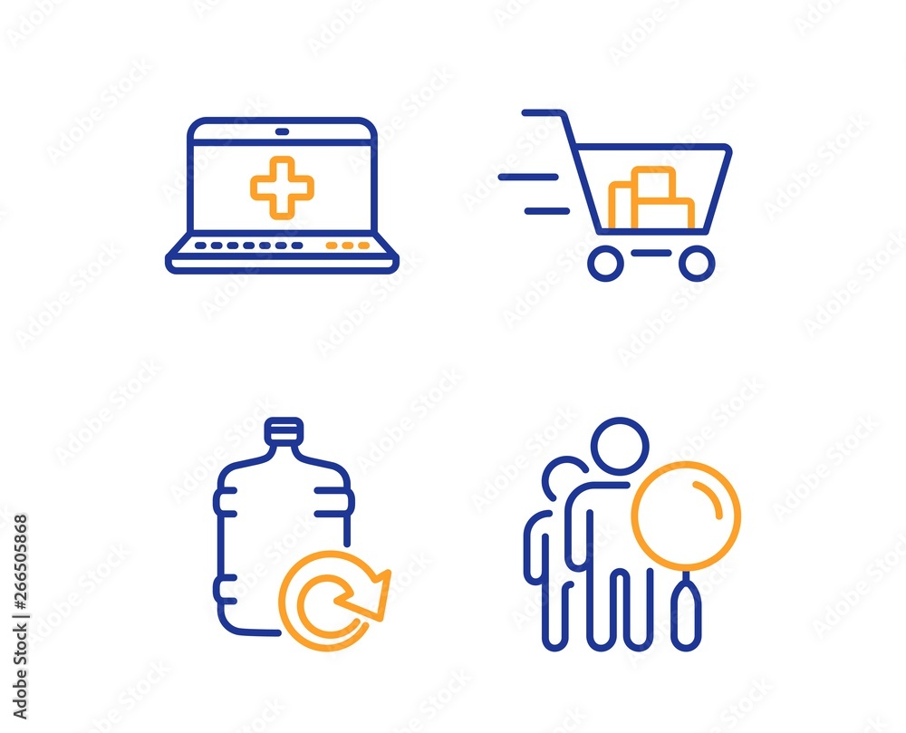 Shopping cart, Medical help and Refill water icons simple set. Search people sign. Online buying, Medicine laptop, Cooler bottle. Find employee. Linear shopping cart icon. Colorful design set. Vector