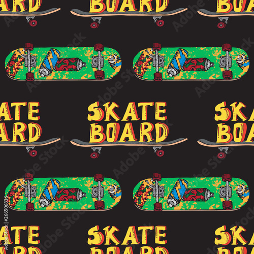 Skateboard  seamless pattern. Doodle Longboard, pennyboard. Lettering skateboard. Hand drawn vector illustration for poster, t-shirt, textile