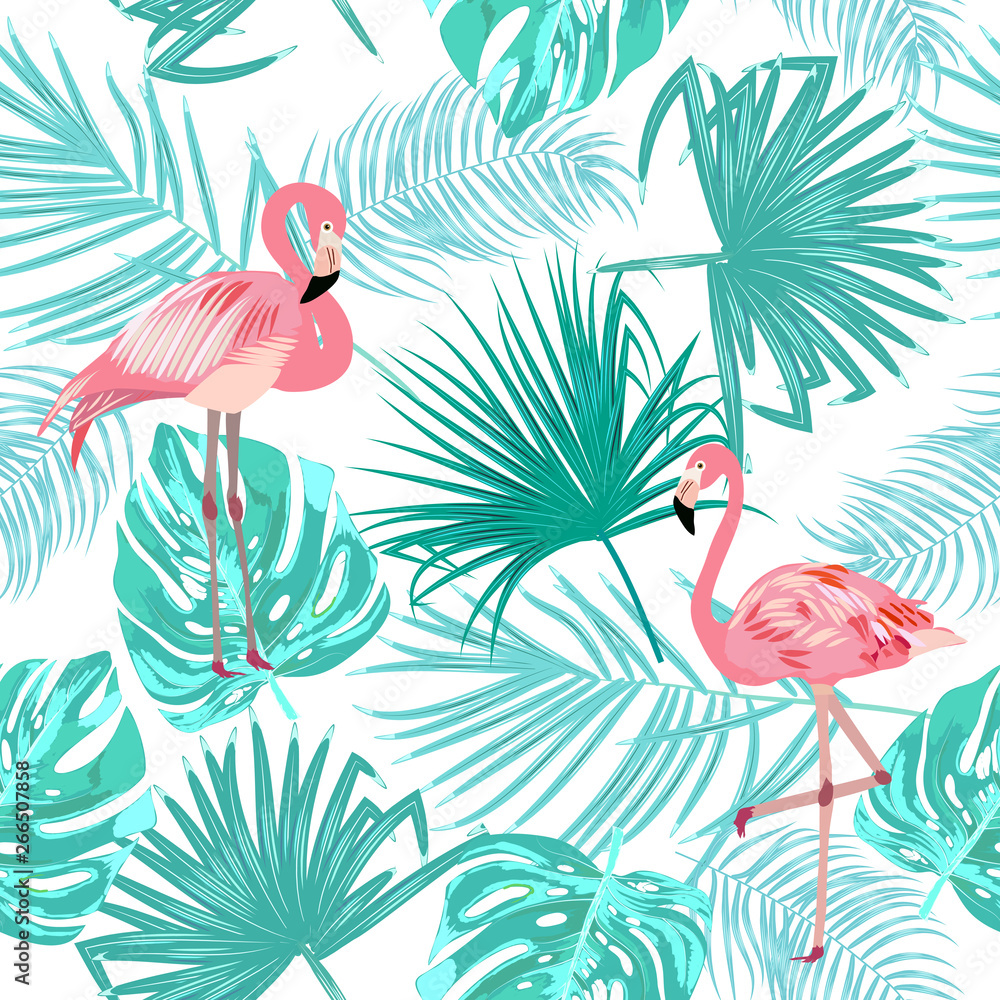 Foto auf Acrylglas mit Nahtloses Muster von Flamingos, Blätter von Monstera. Tropische Blätter von Palmen und Blumen. #266507858