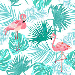 Sierkussen Turquoise patronen Flamingos met monstera en palmbladeren  © Artlu