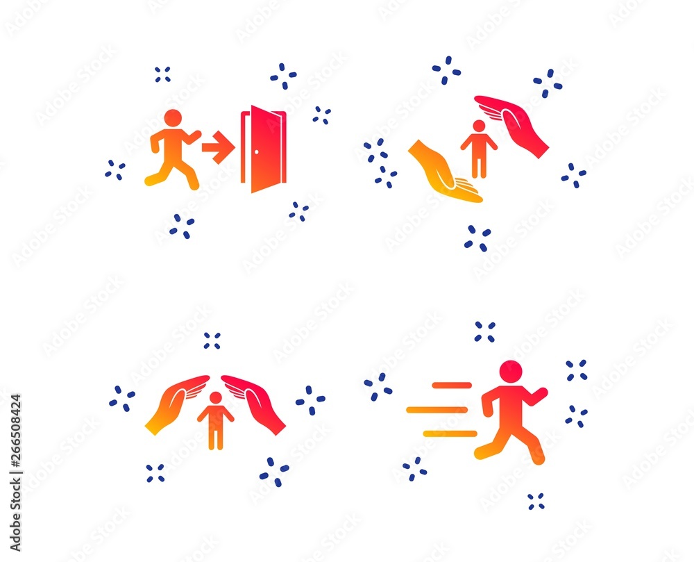 Life insurance hands protection icon. Human running symbol. Emergency exit with arrow sign. Random dynamic shapes. Gradient people icon. Vector