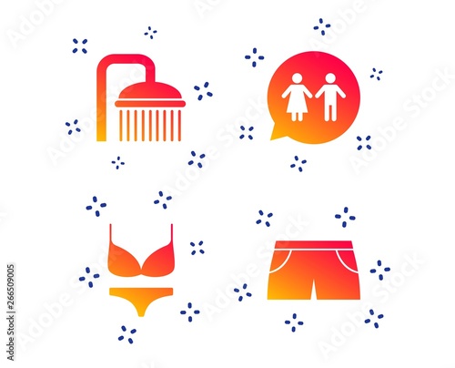 Swimming pool icons. Shower water drops and swimwear symbols. WC Toilet speech bubble sign. Trunks and women underwear. Random dynamic shapes. Gradient shower icon. Vector