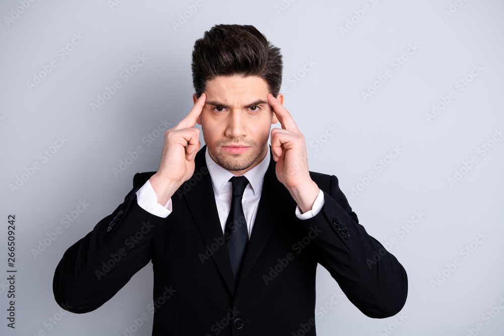 Portrait of strict minded financier have trouble project strategy think decide choose solve touch fingers forehead clever question confident white shirt black blazer isolated silver background Portrait of strict minded financier have trouble project strategy think decide choose solve touch fingers forehead clever question confident white shirt black blazer isolated silver background