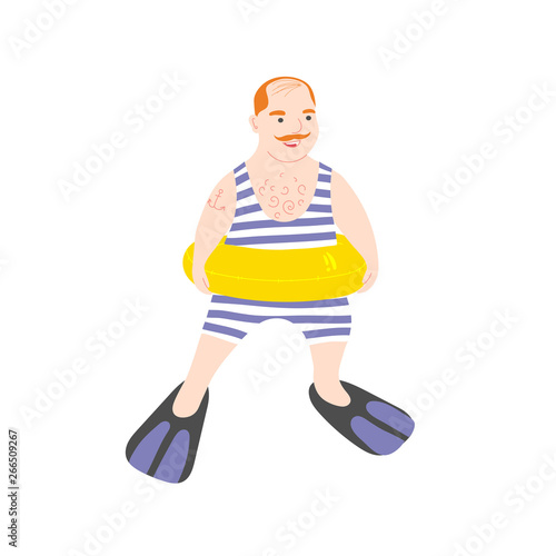 Adult man with a rubber ring and swimsuit. Swimming on inflatable circle and flippers. Bald plump sailor