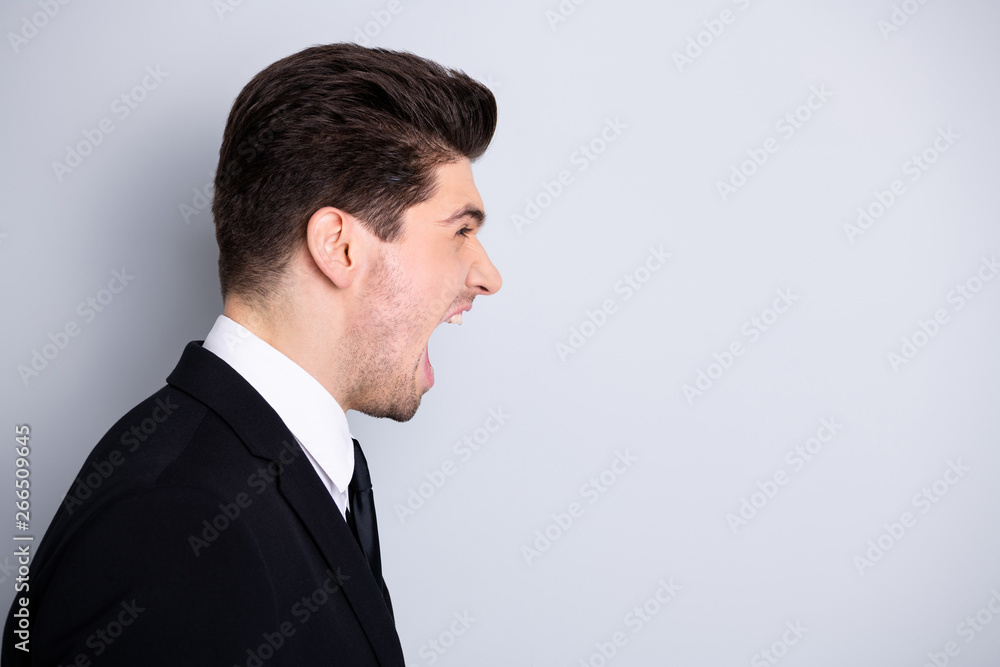 Evil collar. Profile side view photo frustrated irritated stylish manager annoyed have disagreement feel rage crazy disappointed scream shout yell dressed modern clothing isolated argent background Evil collar. Profile side view photo frustrated irritated stylish manager annoyed have disagreement feel rage crazy disappointed scream shout yell dressed modern clothing isolated argent background