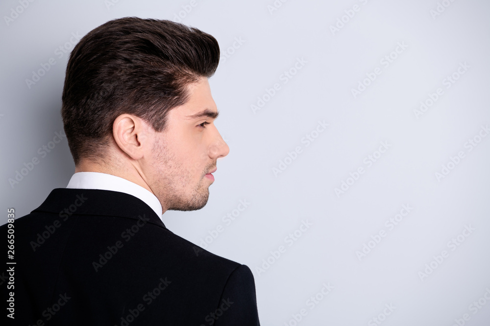 Profile side back rear behind view photo sullen strict entrepreneur collar have workforce question pensive imagine decide solve choose formal wear jacket stylish grey background isolated suspicious Profile side back rear behind view photo sullen strict entrepreneur collar have workforce question pensive imagine decide solve choose formal wear jacket stylish grey background isolated suspicious