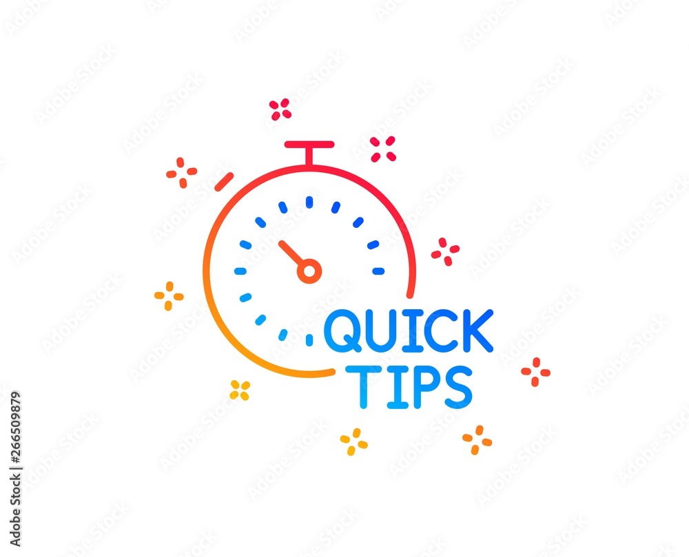 Quick tips line icon. Helpful tricks sign. Tutorials with timer symbol. Gradient design elements. Linear quick tips icon. Random shapes. Vector