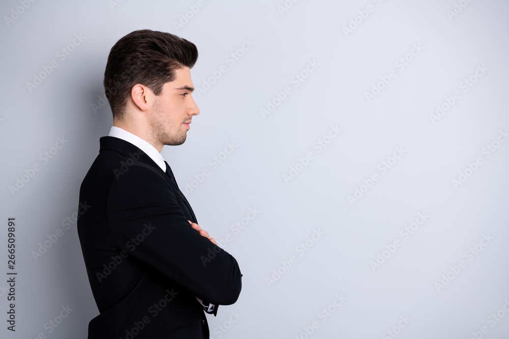 Profile side view photo of glad calm entrepreneur formal wear black jackets feel dream dreamy content investor independent masculine isolated on grey background Profile side view photo of glad calm entrepreneur formal wear black jackets feel dream dreamy content investor independent masculine isolated on grey background