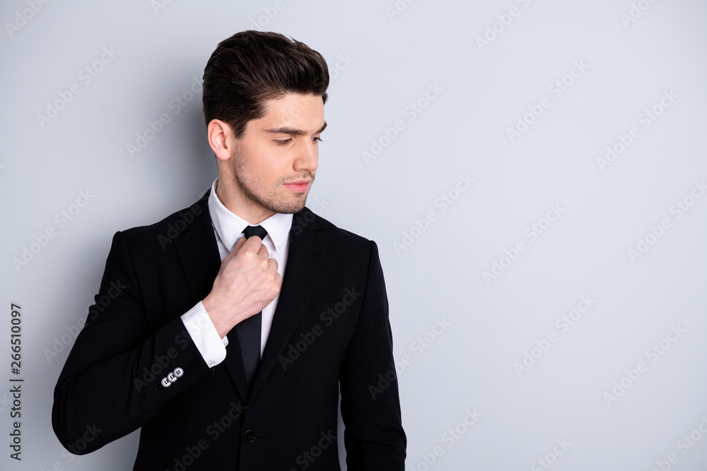 Portrait of attractive modern entrepreneur executive charming millennial chief touch tie wear fashionable outfit feel calm relaxed peace satisfied isolated on ashy-gray background Portrait of attractive modern entrepreneur executive charming millennial chief touch tie wear fashionable outfit feel calm relaxed peace satisfied isolated on ashy-gray background