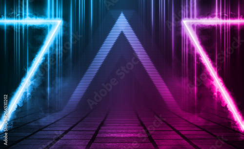 Empty background scene. Dark street  a reflection of blue and pink neon light on wet pavement. Neon triangle in the center. Rays of light in the dark  smoke. Abstract dark background.