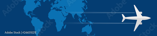 Air travel and vacations background. Airplane fly on the world. Vector banner