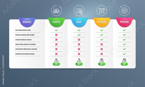 Spanner tool, Bitcoin and Reject certificate icons simple set. Comparison table. Service sign. Repair screwdriver, Cryptocurrency coin, Decline file. Cogwheel gear. Technology set. Vector