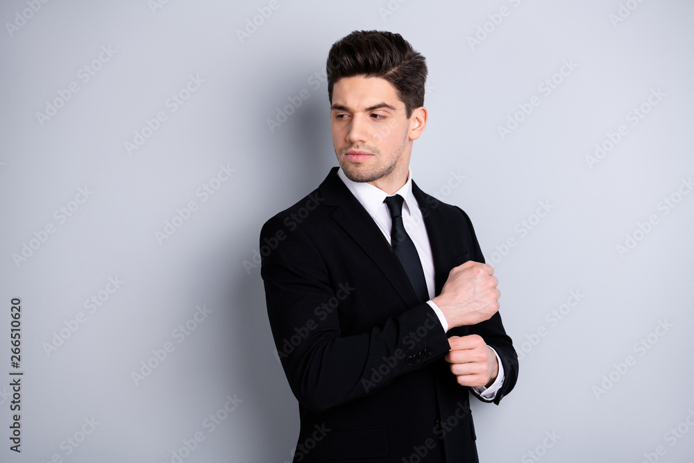 Portrait of charming gorgeous chairmen collar stylish prepare for work partnership concept feel relaxed bit nervous worried look wear classic fashionable clothes isolated on ashy-gray background Portrait of charming gorgeous chairmen collar stylish prepare for work partnership concept feel relaxed bit nervous worried look wear classic fashionable clothes isolated on ashy-gray background