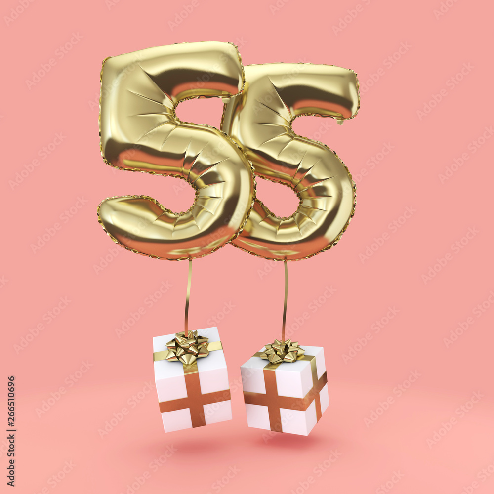 Number 55 birthday celebration gold foil helium balloon with presents. 3D  Render Stock Illustration | Adobe Stock