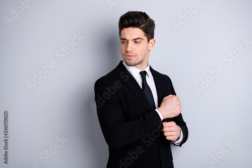 Portrait of charming gorgeous chairmen collar stylish prepare for work partnership concept feel relaxed bit nervous worried look wear classic fashionable clothes isolated on ashy-gray background