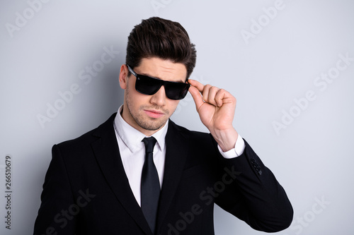 Close up photo of nice handsome fashionable entrepreneur leader leadership concept feel glad satisfied proud have specs touch hands wear modern jacket isolated on silver background