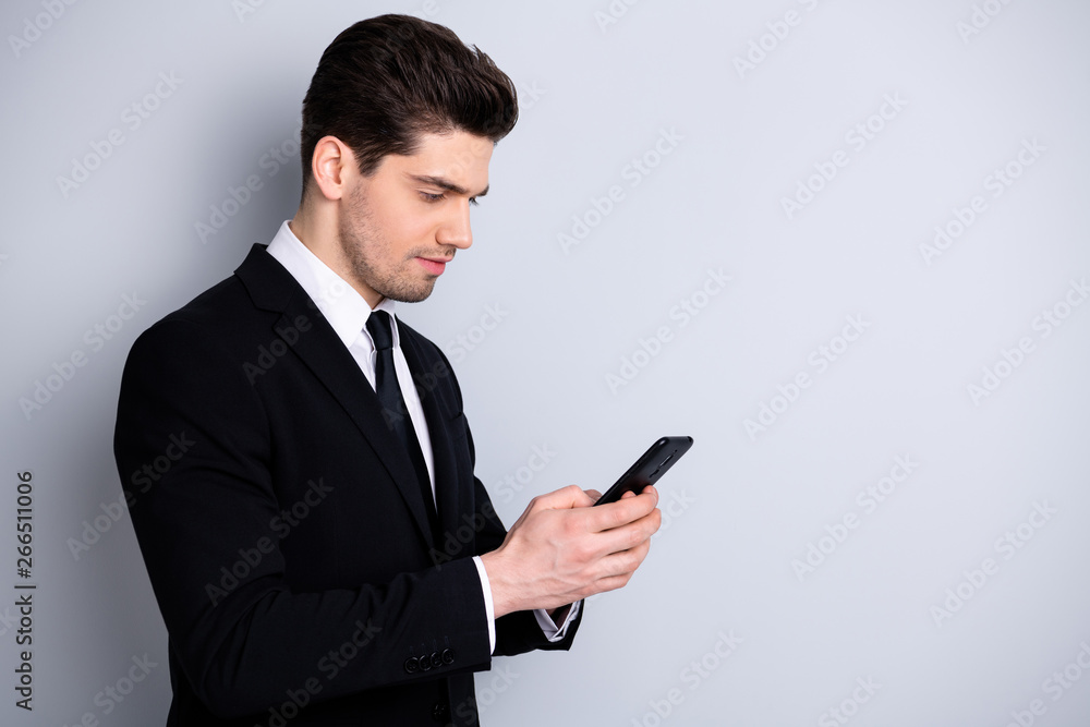 Profile side photo trendy successful entrepreneur executive communicate search news decide solve startup problems worried much work use user modern technology classic outfit isolated silver background Profile side photo trendy successful entrepreneur executive communicate search news decide solve startup problems worried much work use user modern technology classic outfit isolated silver background