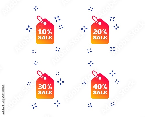 Sale price tag icons. Discount special offer symbols. 10%, 20%, 30% and 40% percent sale signs. Random dynamic shapes. Gradient sale icon. Vector