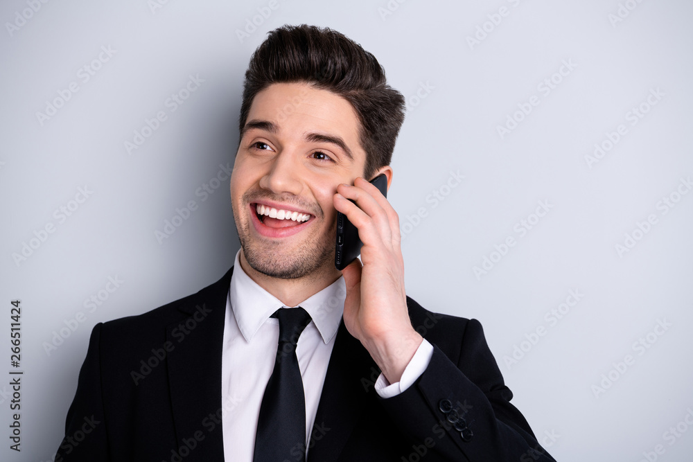 Portrait of excited charming millennial marketer entrepreneur have dialogue colleagues friends laugh feel candid use user modern technology dressed modern blazers isolated on silver background Portrait of excited charming millennial marketer entrepreneur have dialogue colleagues friends laugh feel candid use user modern technology dressed modern blazers isolated on silver background