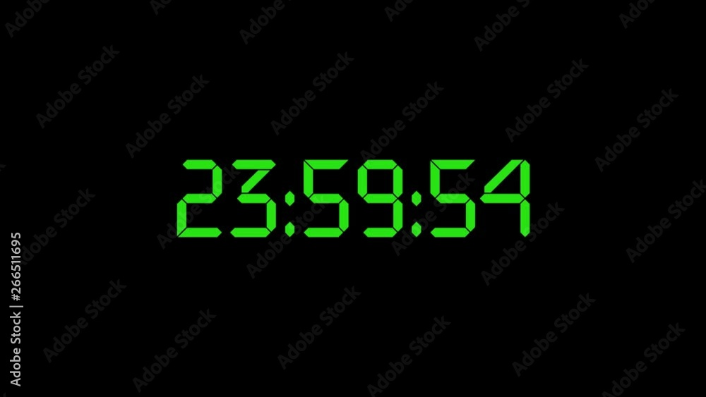 Electronic clock timer 10 seconds to 24 hours with green big numbers on black background. Electronic clock timer 10 seconds to 24 hours with green big numbers on black background.