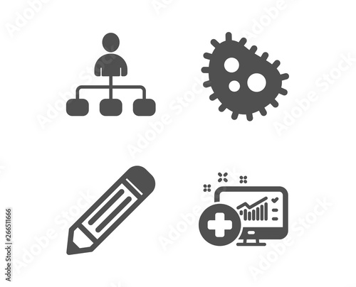 Set of Pencil, Bacteria and Management icons. Medical analytics sign. Edit data, Antibacterial, Agent. Medicine system.  Classic design pencil icon. Flat design. Vector