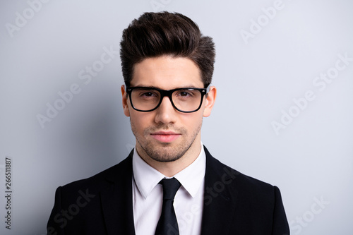 Close up portrait of serious concentrated handsome gorgeous executive dressed in modern classic blazers typical collar have stubble bristle isolated on ashy-gray background