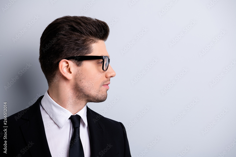 Close-up profile side view portrait of his he nice elegant attractive candid calm guy executive leader expert development agent broker isolated over light gray background Close-up profile side view portrait of his he nice elegant attractive candid calm guy executive leader expert development agent broker isolated over light gray background