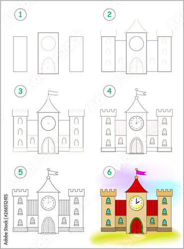 Page shows how to learn step by step to draw cute medieval castle. Developing children skills for drawing and coloring. Back to school. Printable worksheet. Vector cartoon image.