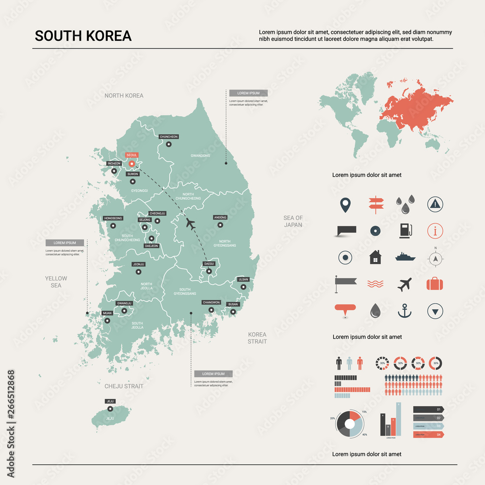 Vector map of South Korea. High detailed country map with division, cities and capital Seoul. Political map,  world map, infographic elements.