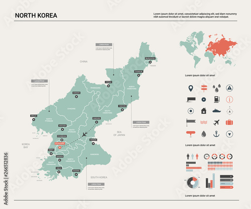 Vector map of North Korea. High detailed country map with division, cities and capital Pyongyang. Political map, world map, infographic elements.