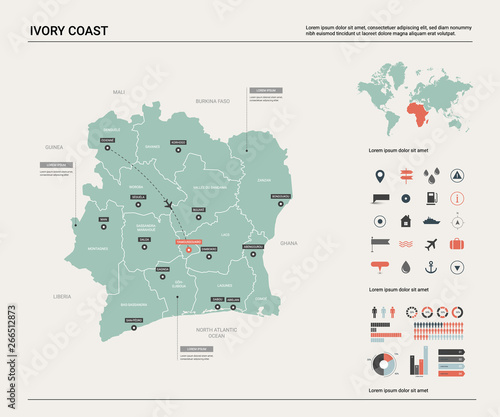 Vector map of Ivory Coast. High detailed country map with division, cities and capital Yamoussoukro. Political map, world map, infographic elements.