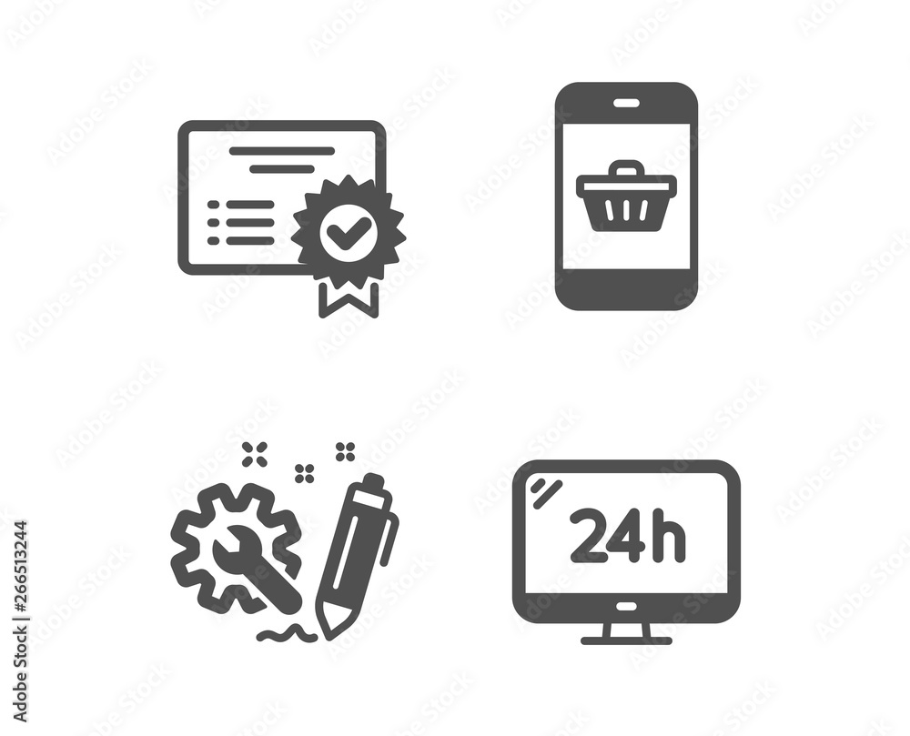 Set of Smartphone buying, Engineering and Certificate icons. 24h service sign. Website shopping, Construction, Verified document. Call support. Classic design smartphone buying icon. Flat design Set of Smartphone buying, Engineering and Certificate icons. 24h service sign. Website shopping, Construction, Verified document. Call support. Classic design smartphone buying icon. Flat design