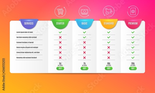 Heart, Cash money and Shopping cart icons simple set. Comparison table. File management sign. Love rating, Banking currency, Gifts. Doc with cogwheel. Business set. Pricing plan. Vector