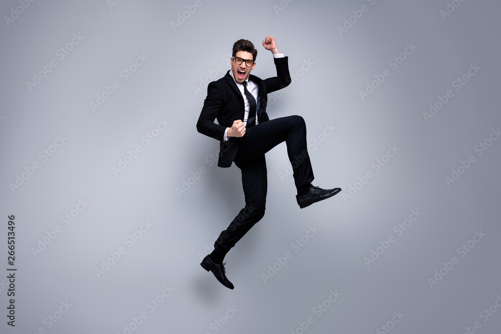 Full length body size view portrait of his he nice attractive crazy cheerful guy executive top manager financier banker career growth experience skills isolated on light gray background
