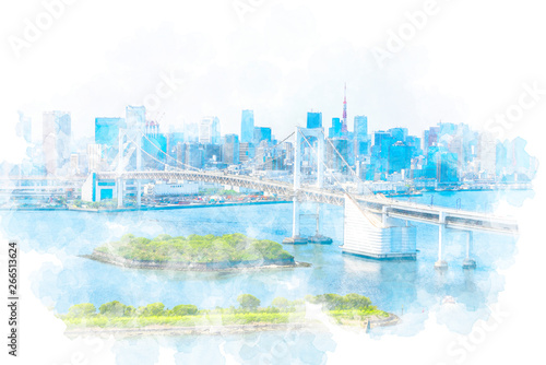 東京風景 Tokyo city skyline , Japan. Illustration of watercolor painting style.