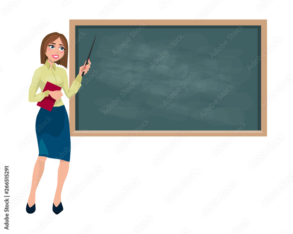 teacher with a pointer near the school board. copy space. isolated on white teacher with a pointer near the school board. copy space. isolated on white