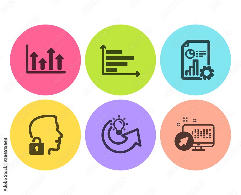 Report, Horizontal chart and Share idea icons simple set. Upper arrows, Unlock system and Web system signs. Presentation document, Presentation graph. Science set. Flat report icon. Circle button Report, Horizontal chart and Share idea icons simple set. Upper arrows, Unlock system and Web system signs. Presentation document, Presentation graph. Science set. Flat report icon. Circle button