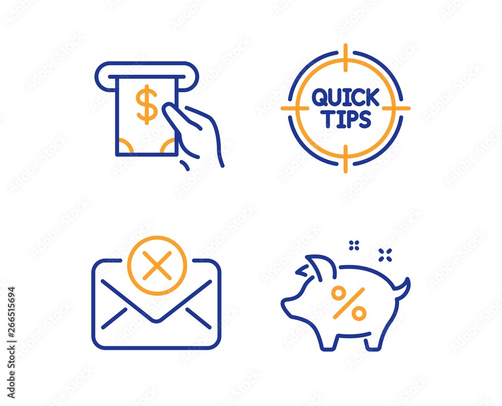 Atm service, Tips and Reject mail icons simple set. Loan percent sign. Cash investment, Quick tricks, Delete letter. Piggy bank. Technology set. Linear atm service icon. Colorful design set. Vector Atm service, Tips and Reject mail icons simple set. Loan percent sign. Cash investment, Quick tricks, Delete letter. Piggy bank. Technology set. Linear atm service icon. Colorful design set. Vector