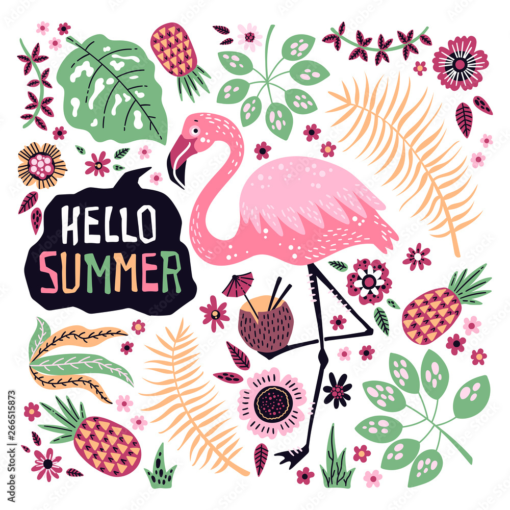 Fototapeta premium Vector cute flamingo surrounded by tropical fruits, plants and flowers.
