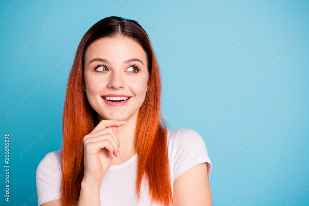 Close up photo of minded thoughtful teen teenager choose decide solve touch chin wait wish expect contemplate feel content candid enjoy wear fashionable t-shirt isolated on blue background Close up photo of minded thoughtful teen teenager choose decide solve touch chin wait wish expect contemplate feel content candid enjoy wear fashionable t-shirt isolated on blue background