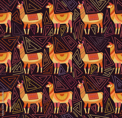 Seamless pattern with lamas and abstract geometric shapes on a dark background. Color ornament in the national style of the Indian tribes. Fantasy drawing of folk art. Vector