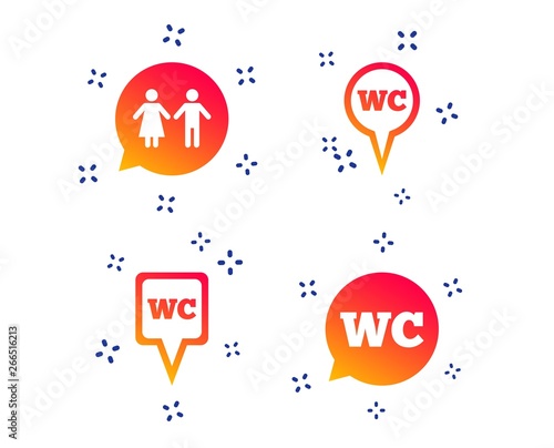 WC Toilet pointer icons. Gents and ladies room signs. Man and woman speech bubble symbols. Random dynamic shapes. Gradient toilet icon. Vector