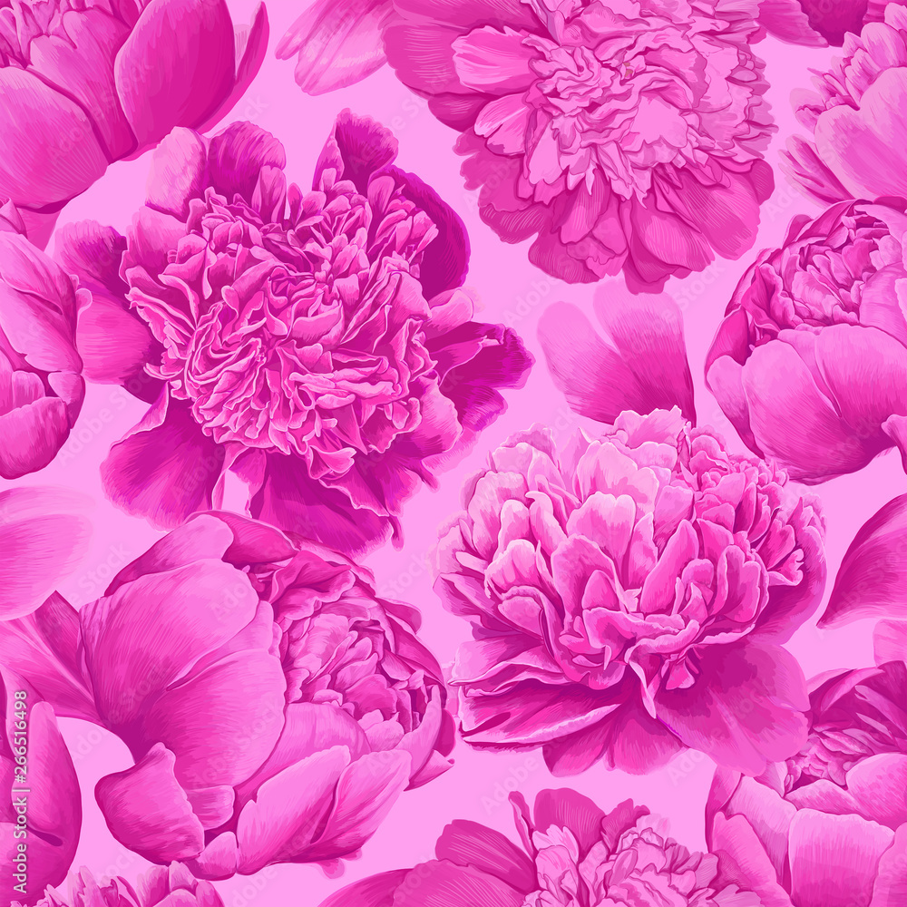 Floral seamless pattern with pink peonies. Flower background for prints, fabric, invitation cards, wedding decoration, wallpapers, wrapping paper. Realistic style. Vector illustration.