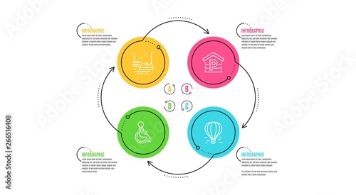 Bumper cars, Parking and Disabled icons simple set. Infographic timeline. Air balloon sign. Carousels, Garage, Handicapped wheelchair. Flight travel. Transportation set. Cycle infographic. Vector