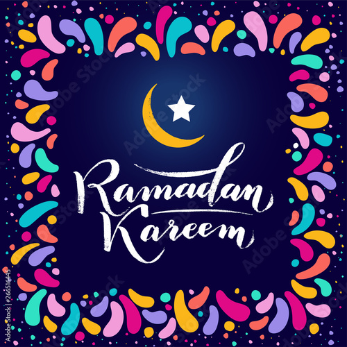Vector illustration. Islamic Ramadan Kareem greeting gold lettering text, moon, festive colorfull square frame. confetti