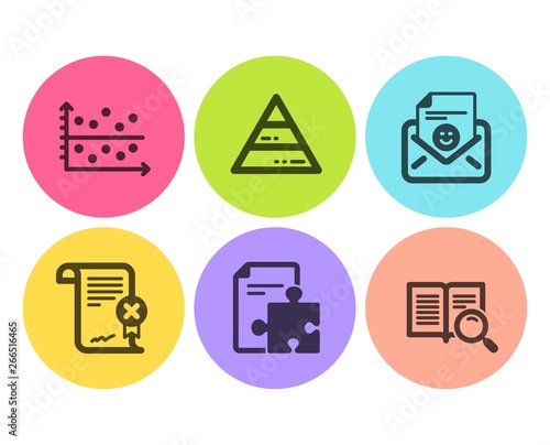 Pyramid chart, Strategy and Reject certificate icons simple set. Dot plot, Smile and Search text signs. Report analysis, Puzzle. Technology set. Flat pyramid chart icon. Circle button. Vector