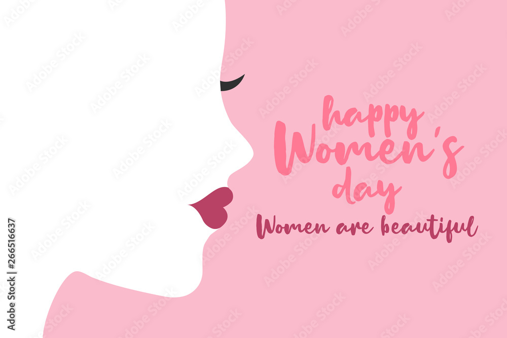 Happy Women Day holiday illustration. Paper cut girl head silhouette cutout with hand drawn spring and flower doodles.